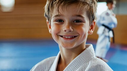 Young boy smiles confidently in a karate dojo during practice with friends in the early evening