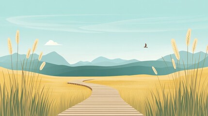 Obraz premium Serene Landscape with Pathway through Golden Grass Fields and Mountains under a Clear Sky, Featuring Wild Grass and a Flying Bird