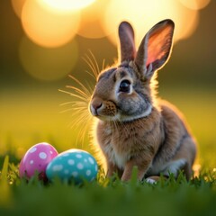 Fototapeta premium A small rabbit rests on green grass, surrounded by pastel-colored Easter eggs. The warm sunlight creates a soft glow, enhancing the cheerful atmosphere of springtime.
