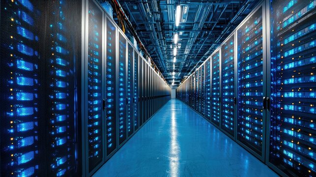 Modern Data Center Corridor with Illuminated Server Racks