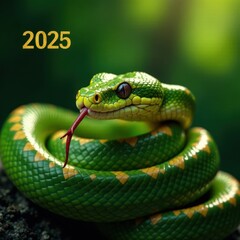 Obraz premium 2025. A vibrant green snake with yellow markings is coiled around a rocky surface, flicking its tongue. The background features a blur of greenery, suggesting a warm day in a dense forest.