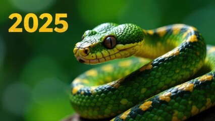 Fototapeta premium A vividly colored green snake coils gracefully, showcasing its intricate patterns as the number 2025 is prominently displayed nearby, against a soft, blurred green background.