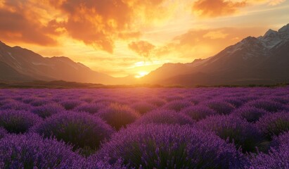 Vibrant sunset over lavender field and mountains.
