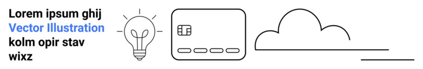 Light bulb symbolizes ideas, payment card represents financial transactions, and cloud icon depicts cloud technology. Ideal for themes of innovation, technology, finance, cloud computing, fintech