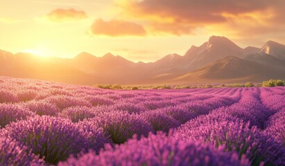 Sunset over a vast lavender field in mountainous landscape.