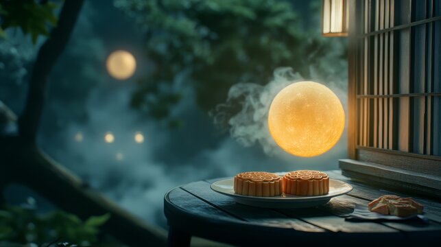 Glowing mooncake night scene with lantern light and moonlit garden ambiance