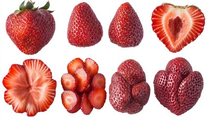Eight fresh strawberries in various views whole, halved, sliced, and cross-section.
