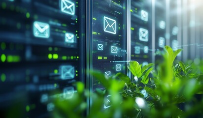 Green technology server room with email icons.