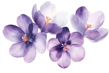 Watercolor painting of purple crocus flowers.