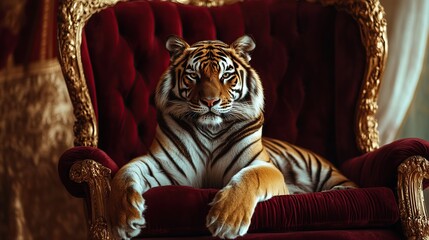 Majestic tiger resting on a luxurious red velvet armchair.