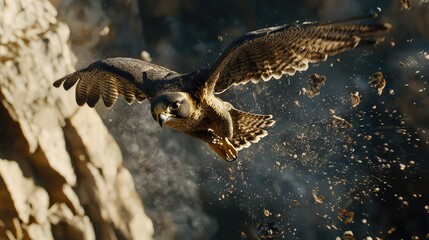 Obraz premium Majestic Falcon in Flight Over Rocky Terrain with Natural Background