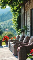 Obraz premium Cozy Outdoor Seating with Blooming Flowers in Serene Landscape