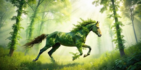 Fototapeta premium Double Exposure Horse Running Forest Photography, Majestic Equine Silhouette, Nature Wildlife Image, Running Horse in Woods