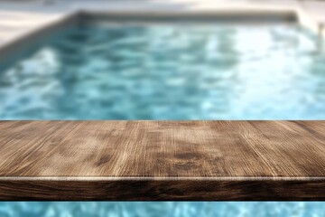 Wooden table, poolside, summer, relaxation, background blur, product display