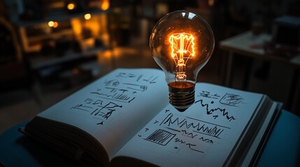 Illuminated ideas glowing bulb on sketches