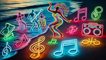 Naklejka premium woman dance beach palm tree sunset silhouette neon lines tropical vibes sand ocean twilight