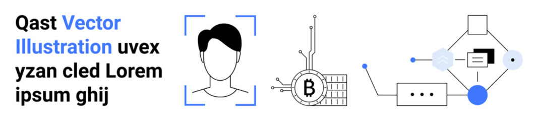 Avatar with highlighted face, blockchain symbol, secure connection nodes, network interface. Ideal for tech blogs, blockchain topics, cybersecurity articles, digital identity, tech infographics