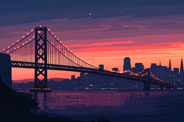 Fototapeta premium Scenic sunset over san francisco bay bridge with illuminated city skyline