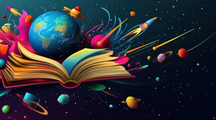 Naklejka premium A Universe of Knowledge: Open Book with Earth and Rockets in Space