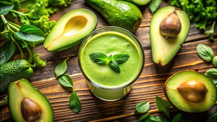 Drone View Avocado Vitamin Cocktail Glass - Healthy Green Smoothie Recipe Photography