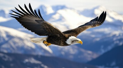 Fototapeta premium Majestic Bald Eagle Soaring Above Snow-Capped Mountains