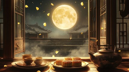 Full moon festival night with mooncakes and tea under a bright moonlit sky