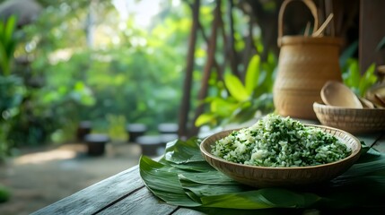 Green Rice Dish Served in Wooden Bowl on Leaves