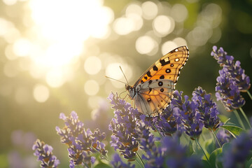Obraz premium Delicate Butterfly Gracefully Resting on Lavender Flowers Amidst Sunlit Bokeh in a Serene Summer Scene