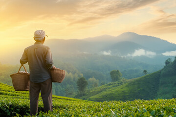 Fototapeta premium Old man standing in the middle of a lush tea plantation holding a basket with copy space. Soft morning light. Misty mountain background. 