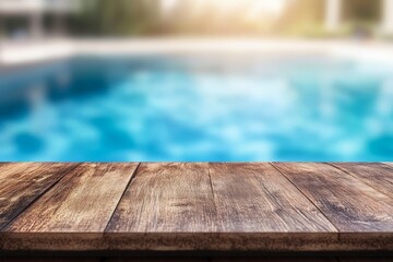 Wooden table, poolside, summer, sunny, background, blur, vacation, product display