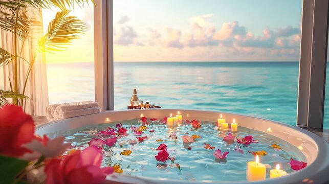 Serene Spa Retreat with Floral Bath and Ocean View at Sunset