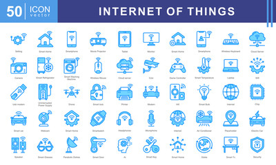 Internet of Things icon set such as wi fi, smart car, electronics, cloud computing, surveillance, smart building, smart energy. This modern and versatile collection is perfect for illustrating IoT.