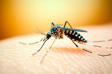 A striped Aedes mosquito biting a person's skin, with its legs and wings clearly visible, with copy space. Soft natural lighting. Smooth abstract background. 