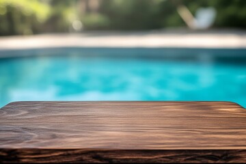 Poolside wooden table, summer, outdoor, background blur, product display