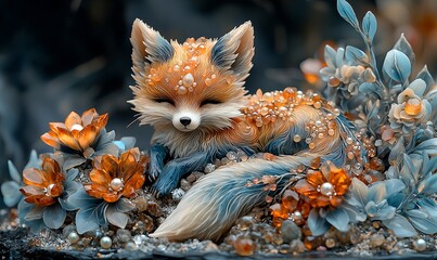 Obraz premium A dreamy baby fox made from lapis lazuli and rose quartz with sapphire eyes on a crystalline platform with ruby daisies