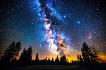 Fototapeta premium Dark night, celestial landscape: trees stand stark against a vibrant, starry sky, beautifully photographed.