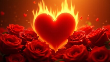 A red heart in soft flames surrounded by red roses and dewdrops. It symbolizes passionate love, warmth, and devotion, radiating a fiery romantic intensity against a warm gradient.