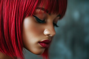 Naklejka premium Gorgeous calm black girl - for ads, brochure and digital marketing use. Commercial ad campaign idea. Short trim - red hair. Urban black campaign. Black elegance portraits. Modern fashion ads.
