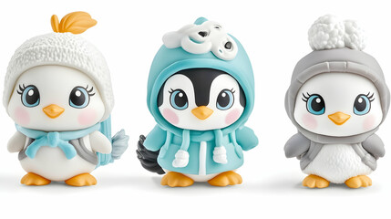 Obraz premium Adorable penguin figurines wearing winter hats and coats against a white background, ideal for children's products