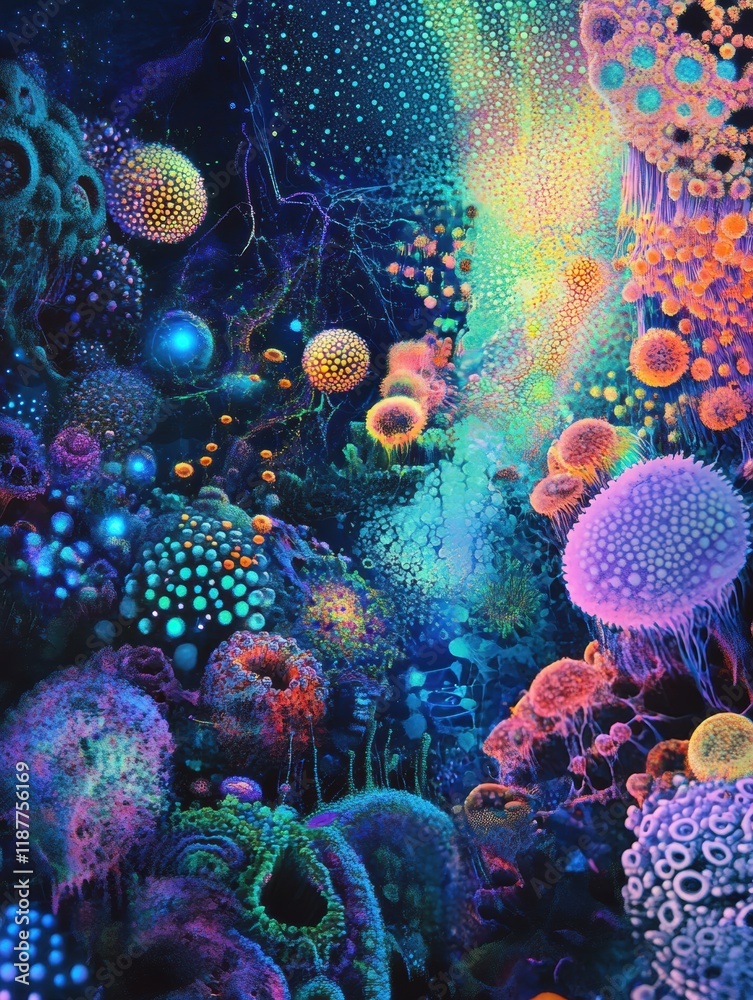 Poster vibrant microscopic landscape showcasing glowing viruses amidst a colorful background of microbial l