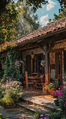 Fototapeta premium Charming Stone Cottage Surrounded by Lush Flowers and Greenery