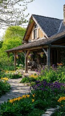 Charming Wooden House Surrounded by Colorful Flower Garden Pathway