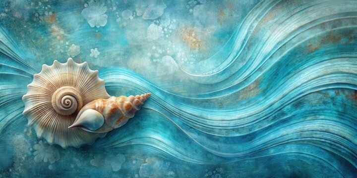 Abstract shell design with swirling organic patterns and shades of blue on a textured background, ocean-inspired decor, abstract art