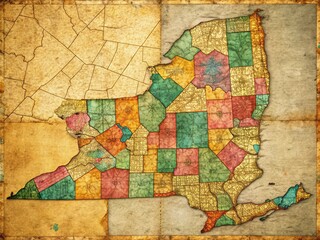 Naklejka premium Explore New York State's past with this colorful vintage county map; a detailed political view of NYC and its surroundings.