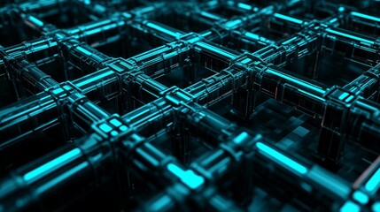 A striking 3d illustration depicting a complex network of intersecting turquoise lines on a dark background, symbolizing a digital data connection or network architectur