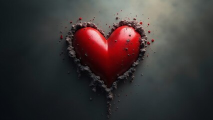 A fading crimson heart dissolving into ash and dust, surrounded by a soft smoky haze over a muted gray-to-black gradient. Evokes loss and the impermanence of love.