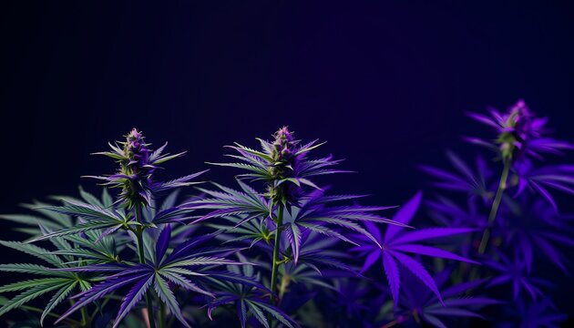 Three cannabis plants with purple hues under dark blue light.