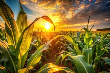Golden Hour Cornfield: Peaceful Sunset Photography, Low Light, Close Up