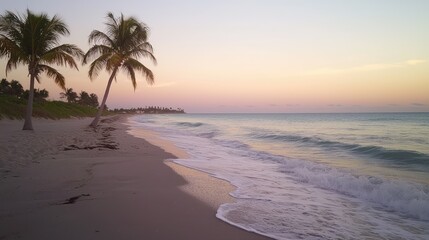Serene Tropical Beach at Sunset with Palm Trees and Calm Waves
