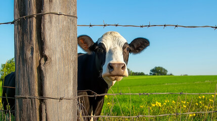 Curious cow standing behind barbed wire fence in green field